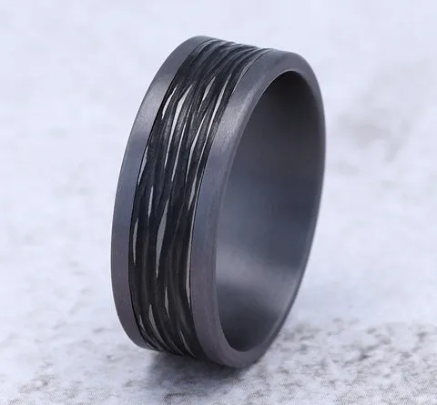 Benchmark 8mm Black Titanium Bark Design Center with Tantalum Edges