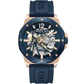 Kenneth Cole Rose Gold Tone and Blue Silicone Skeleton Men Automatic Watch KCWGR2104206